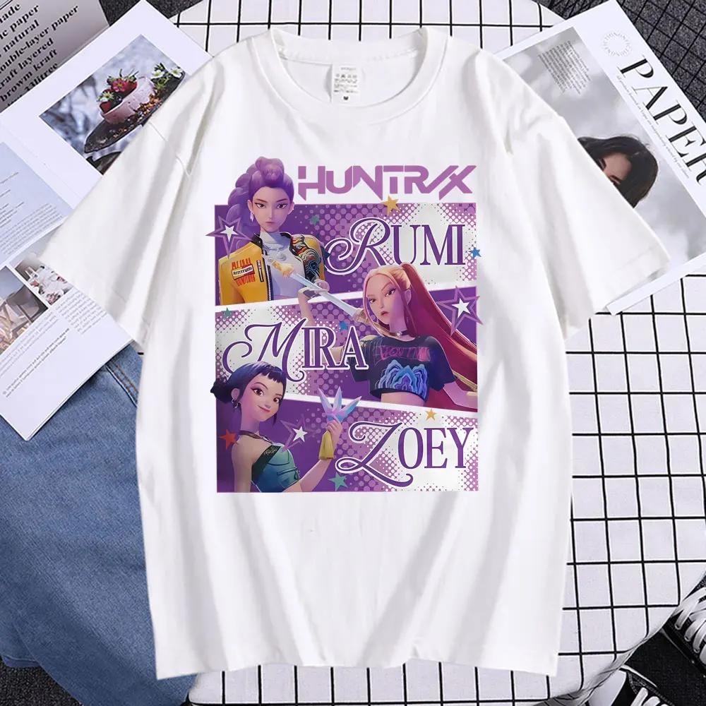 Модная K-pop футболка Охотники на демонов Huntrix Girl Rumi Zoey Mira Графическая футболка Мужская Женская 100% Хлопок Корейская уличная одежда Топ