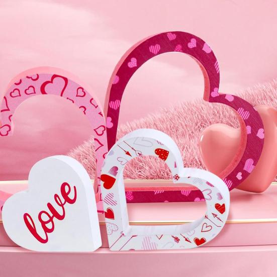 4 Pcs Wooden Heart Shape Table Signs Valentine's Day Red Pink Love Heart Tabletop Centerpiece for Home Wedding Party Tiered Tray Shelf Decor