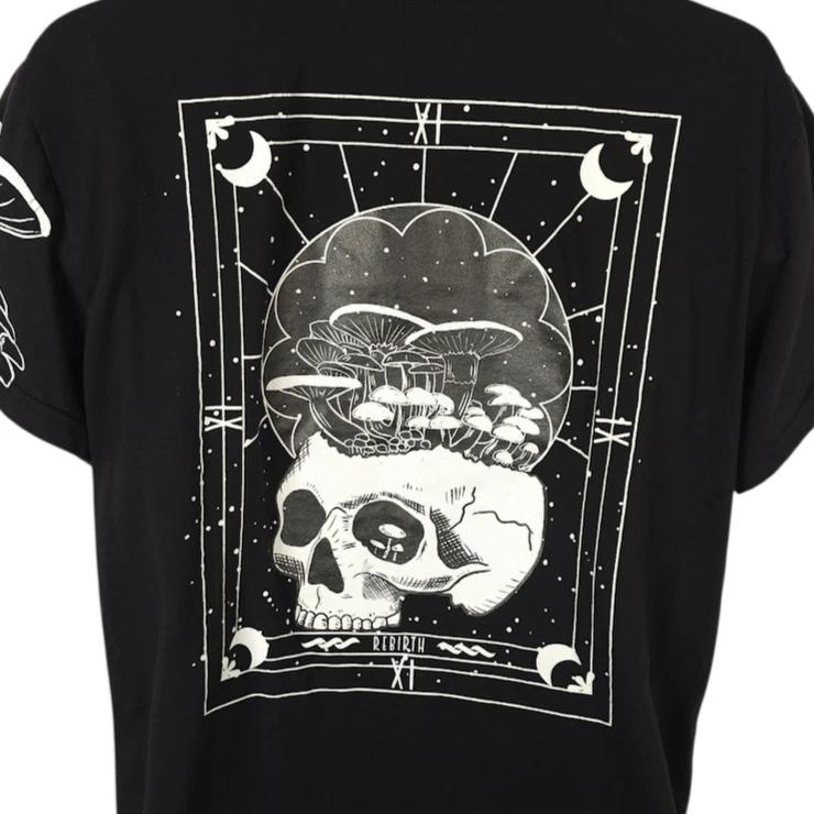 Rebirth Tarot Card 100% Cotton T-shirt Mens Tees Top Mens Size Large Black Skull Mushrooms