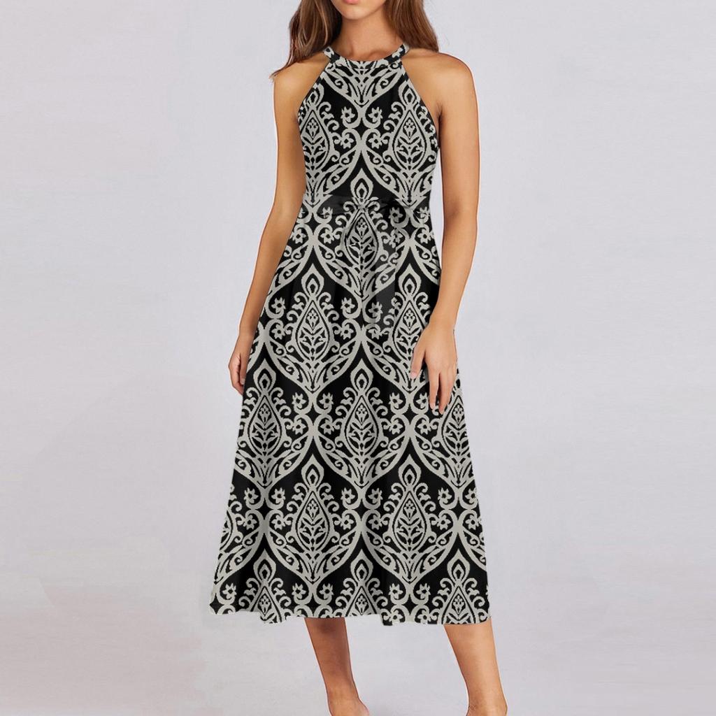 Женское повседневное платье миди с круглым вырезом, классическое, повседневное, без рукавов, свободное платье в стиле бохо с завязками, летний пляжный сарафан