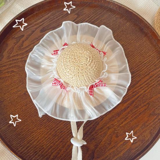 Mini Pet Straw Hat with Lace Adjustable Sun Protection Straw Hat with Bow Handwoven Outdoor Pet Accessory for Small Cats And Dogs