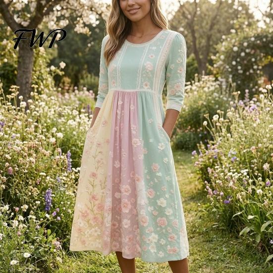Slimming Dresses to Hide Tummy Long Sleeve Floral Dress, Women Cottagecore Waist Cinching Versatile Print Midi Autumn Dress for Vacation Street Party
