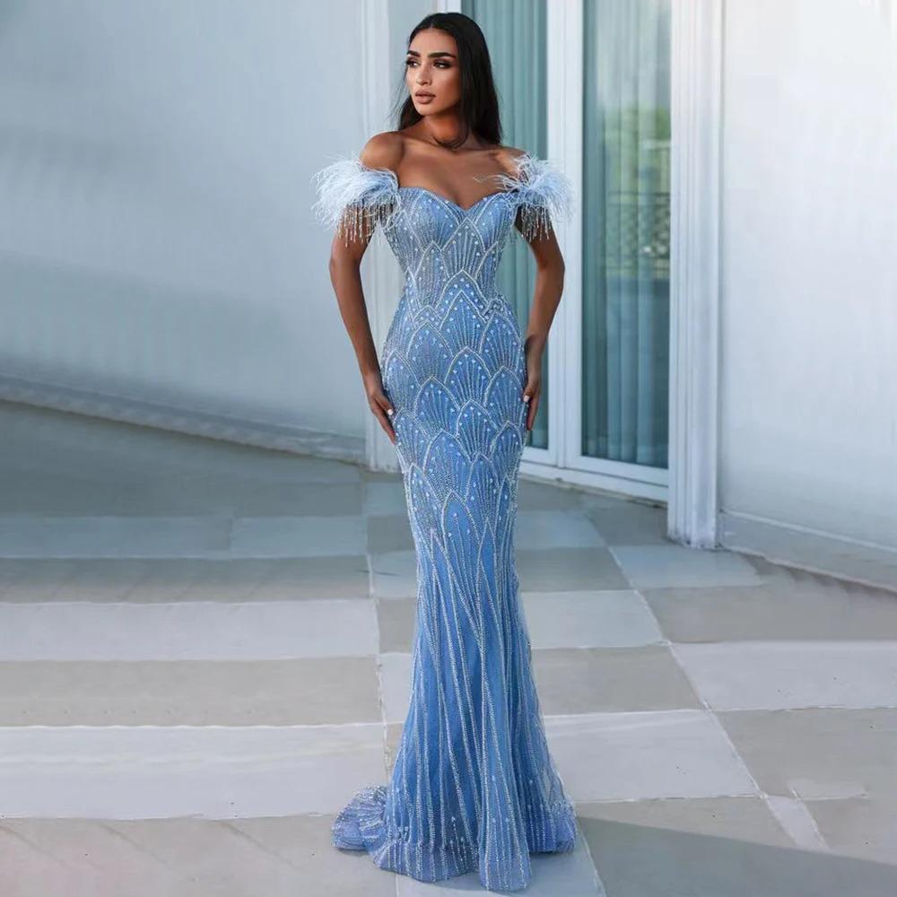 New caramel color sexy neck fishtail beads feather banquet wedding officiating dress dress LA11018