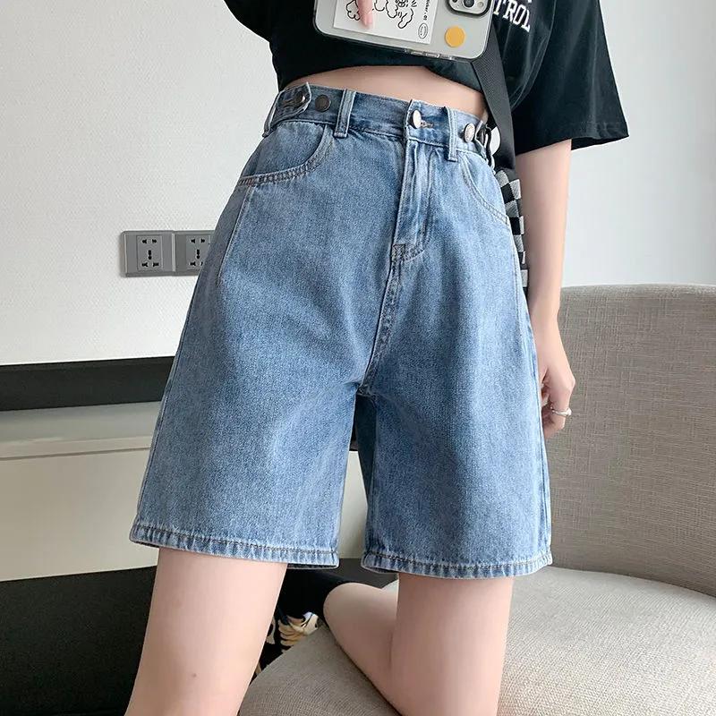 Джинсовые шорты женские летние большие размеры Design Sense с высокой талией прямые брюки свободные широкие брюки с застежкой-пятью