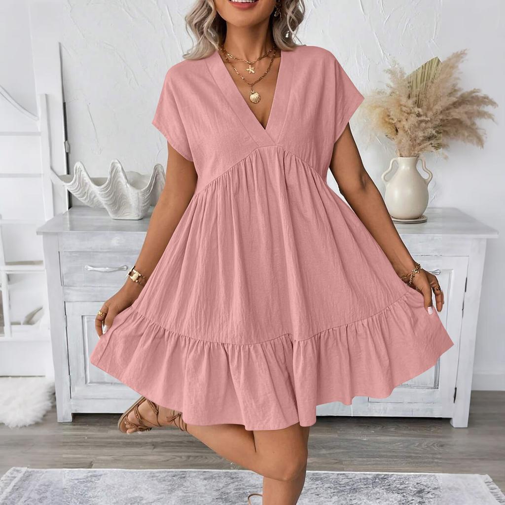 Women's Fashion Casual Slim Covered Sleeve V-Neck Pleated Ruffle Dresses