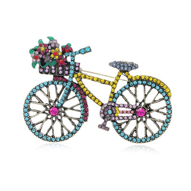 Vintage Romantic Flower Basket Bicycle Brooches For Women Fashion Full Rhinestone Colorful Metal Beauty Brooch Pins Wedding Gift