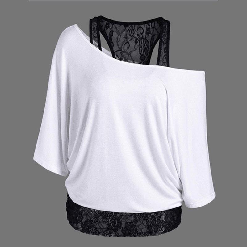 Size Women Plus Loose Vest Lace Stitching Oblique Collar Bat Tshirt Fashion