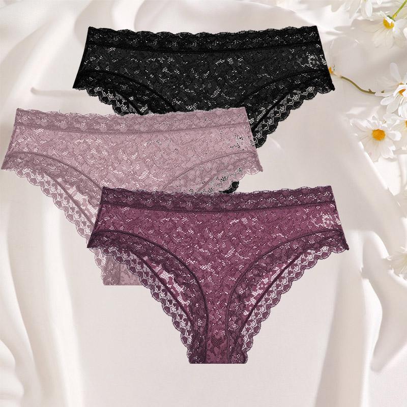 3Pcs Ladies' Sexy Lace Underwears Transparent Sexy Briefs Lace-Trimmed Comfortable Panties Cotton Breathable Crotch