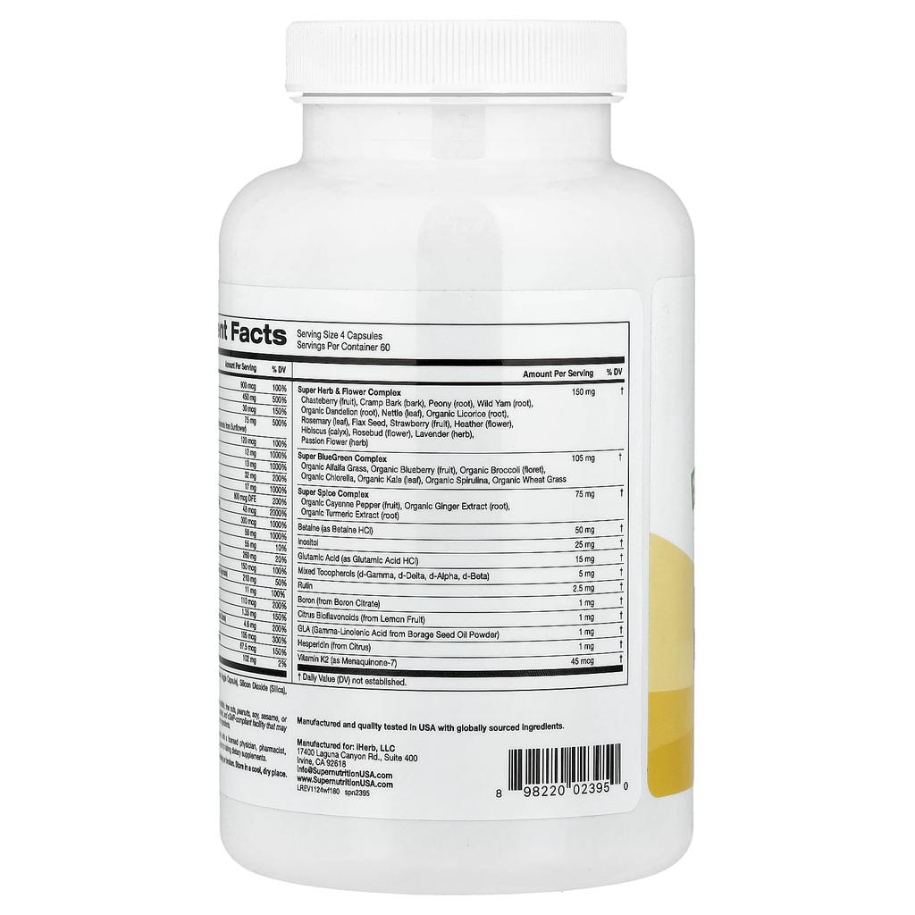 Super Nutrition Женские мультивитамины, Суперсбалансированные растения, Зелень, Специи, Витамин А, Без железа, 240 вегетарианских капсул