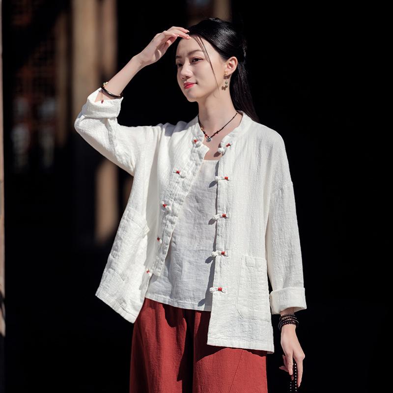 Johnature Женские рубашки в китайском стиле, топы с длинными рукавами и пуговицами, однотонные блузки, весенние свободные рубашки