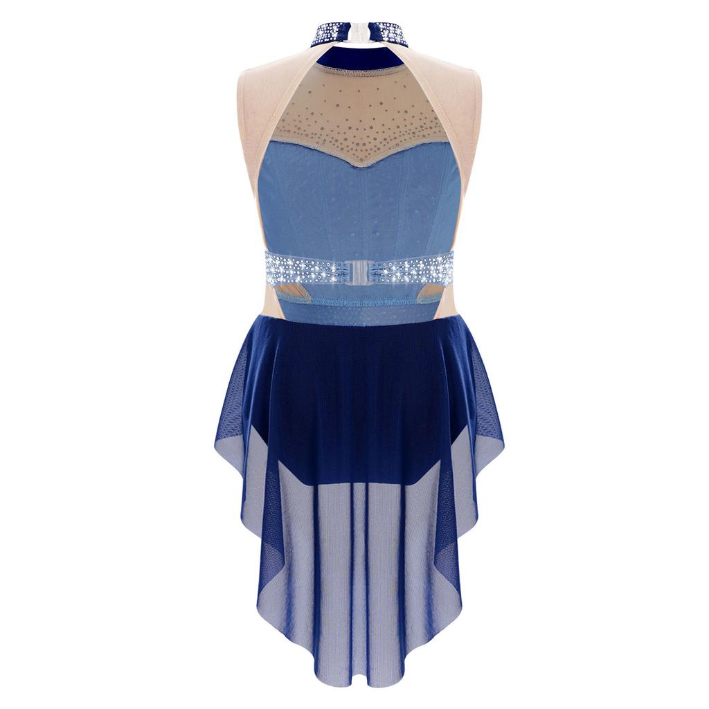 Kids Girls Ballet Gymnastics Dress Rhinestones Mesh Skirted Leotard Figure Ice Skating Jersey Lyrical Dance Performance Costume