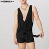 Mens Deep V Neck Sleeveless Front Belt Short Romper Jumpsuits Home Wear