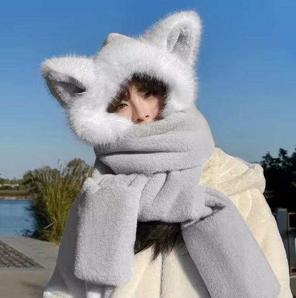 Winter, Plush Hat, Scarf and Gloves In One, Versatile, Thick and Warm, Ear Protection and Neck Protection Three Piece Set, Female, Three In One