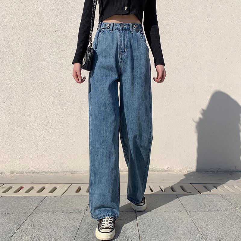 Women's Spring and Fall Vintage Straight Jeans High Waist Pants Loose Office Jeans