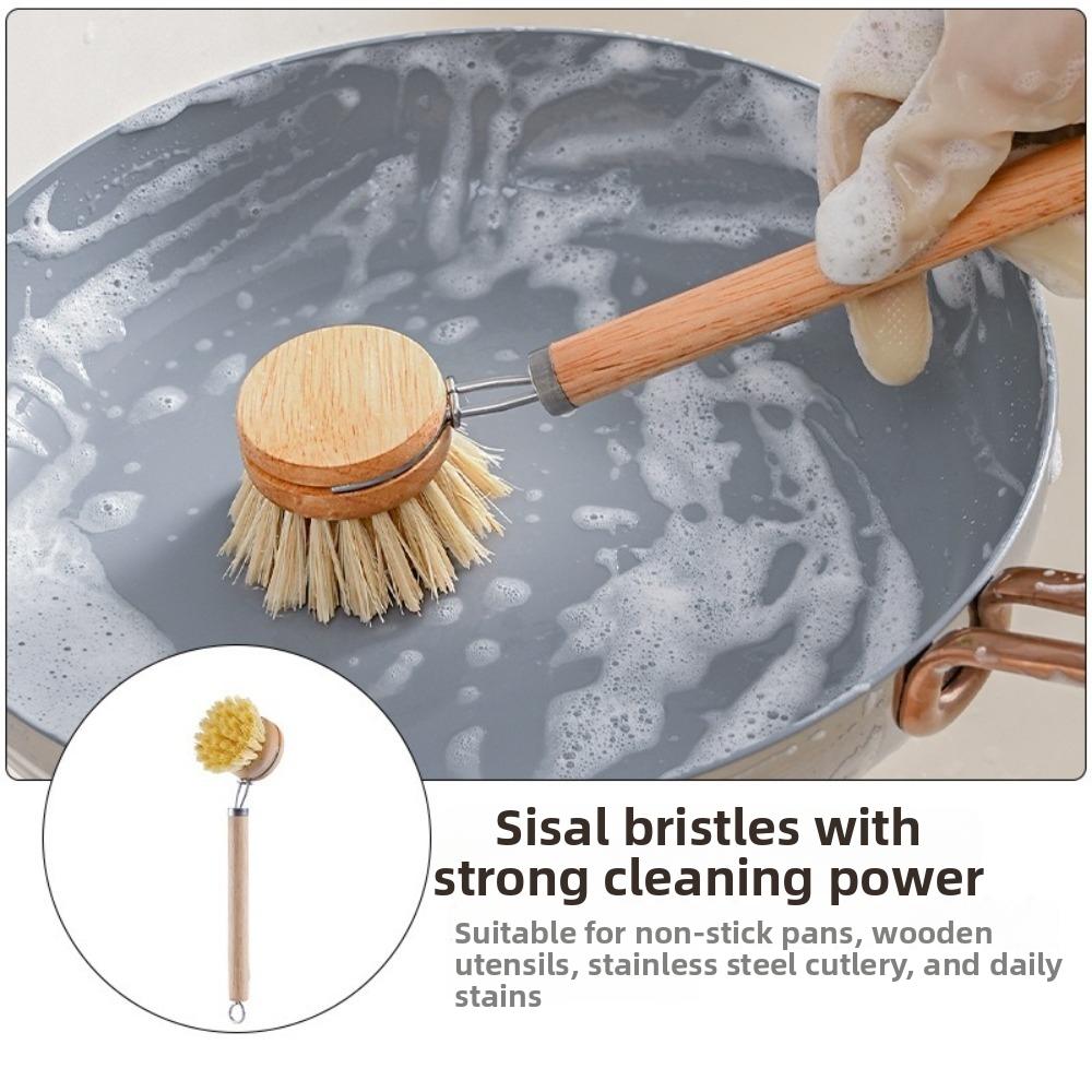 Solid Wood Dish Pot Brush Replaceable Frying Pan Brush Kitchen Cleaning Brush Home Cleaning