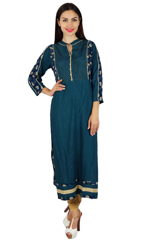 Bimba Women Blue Chic Style Tunic Indian Designer Kurta Kurti Boho Collar Neck Custom