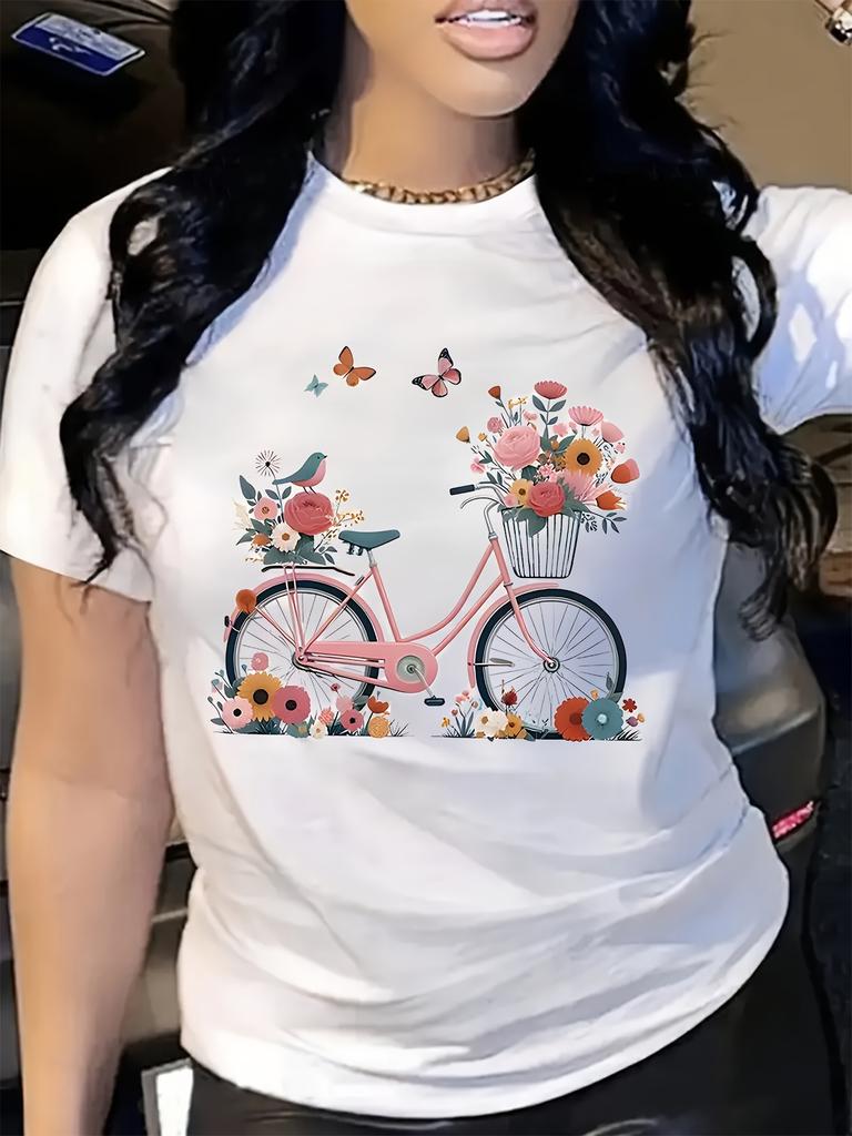 European sizes Bicycle Print Short Sleeve T-shirt, Casual Crew Neck Top For Spring  Summer, Women's Clothing