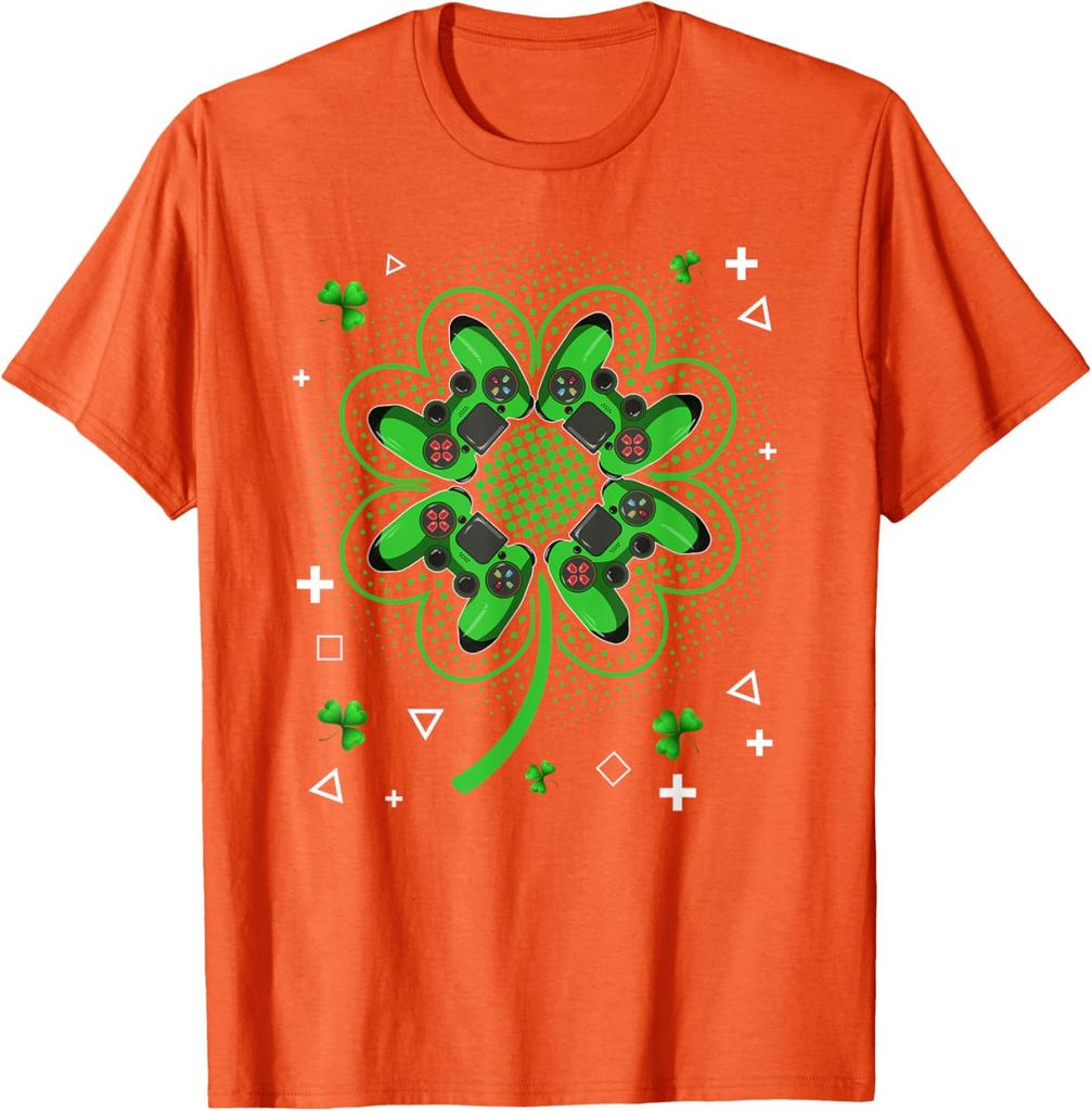 Gamer Shamrock Clover Controller St Patricks Day Graphic Tee Men Casual Trip T-Shirt