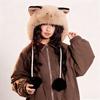 Women Hat Knitted Windproof Warm Winter Lei Feng Hat Cartoon Cat Shape Elastic Solid Color Thermal Cap