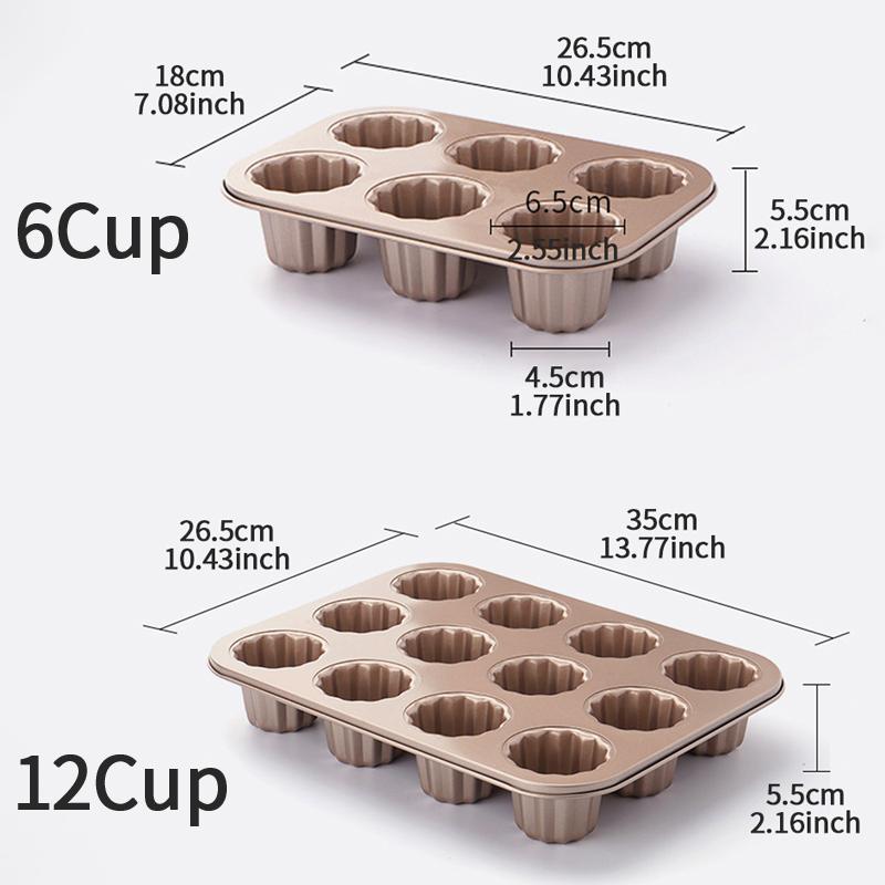 1PC 6/12 Select Cup Rose Gold Canele Pan With Nonstick Coating Carbon Steel Material Flowers Shape Canelé Muffin Pan