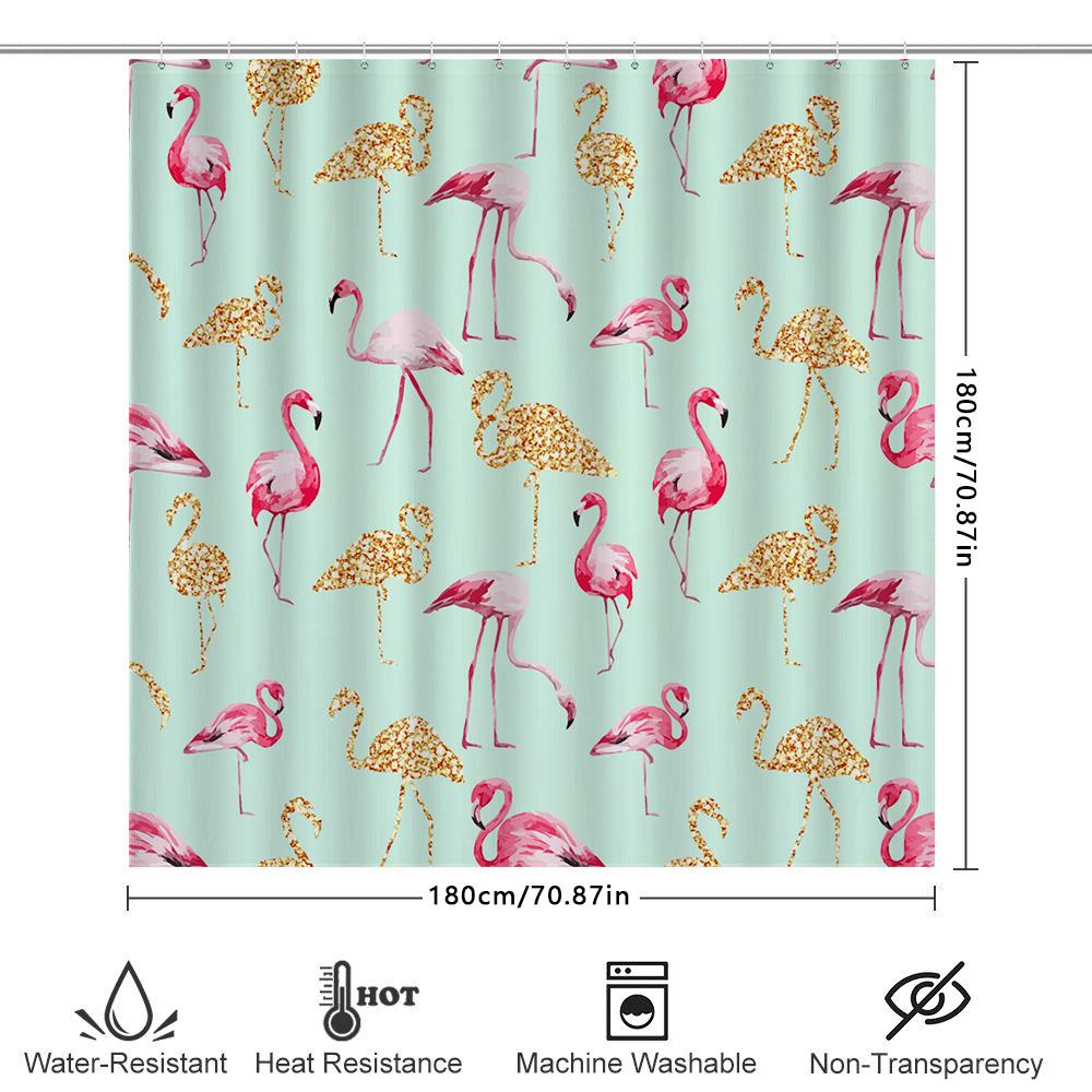 Vibrant Pink Flamingo Shower Curtain for Bathroom Decor Waterproof Fabric with Golden Sparkle Pattern Size 72x84 Inches