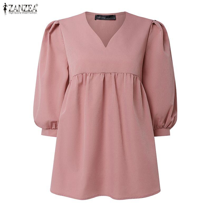 ZANZEA Женская повседневная однотонная блузка с v-образным вырезом и рукавами 3/4