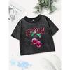 Cotton Crop Tops Womens Crystal Cherries Printing Washed T-Shirts Fit O-Neck Streetwear Y2K Womans Clothes