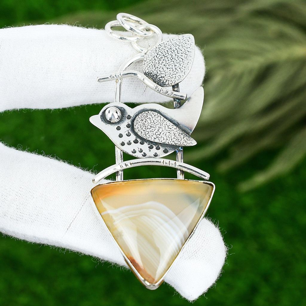 925 Sterling Silver Triangle Botswana Agate Stone Engagement Bezel Boho Pendant