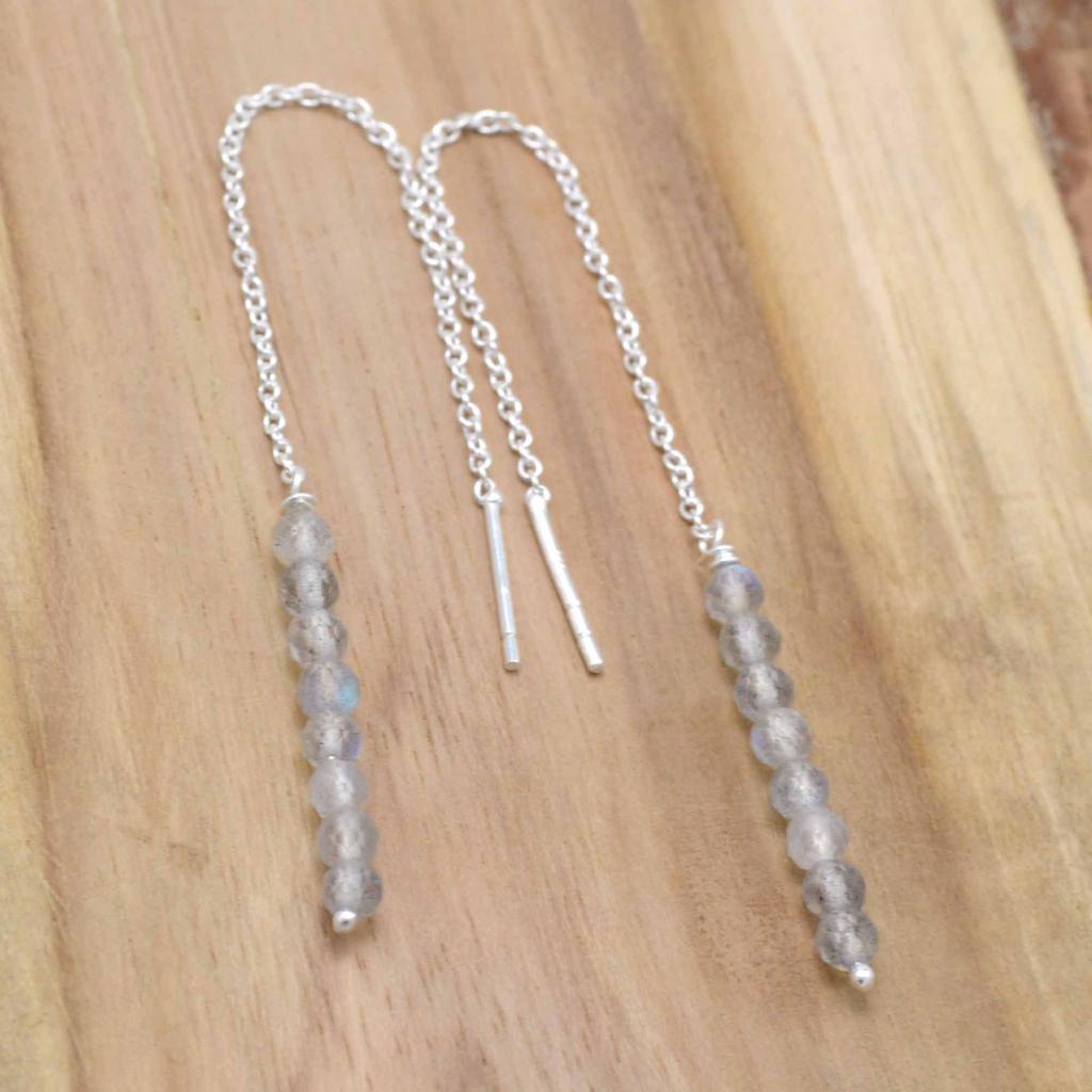 Labradorite 925 Silver Threader Earrings, Natural Gemstone Women Handmade Fringe Earrings