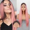Длинный прямой парик Ombre Pink без челки, кружевной фронт, синтетическое волокно, женский модный длинный прямой парик для повседневной носки