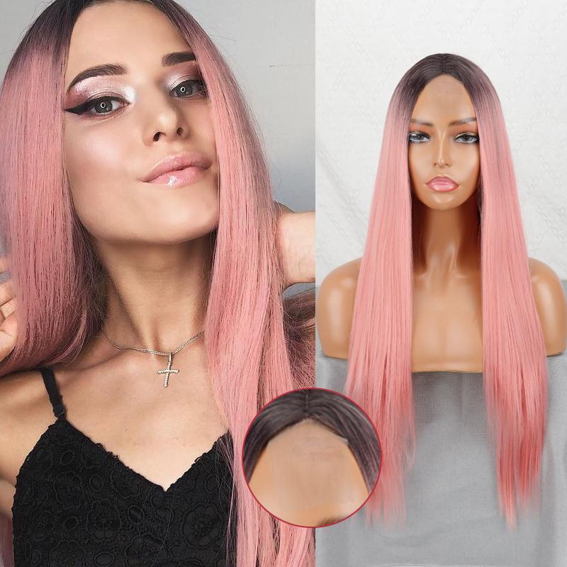 MISS WIG Длинный прямой парик без челки Золотисто-белый цвет Парик фронта шнурка Синтетическое волокно Повседневная одежда Длинный прямой парик