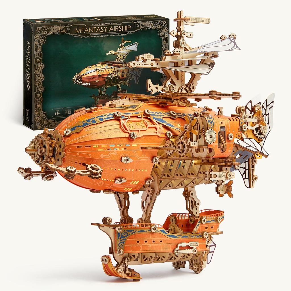 FUNPOLA 3D Puzzle Wooden Puzzle Fantasy Airship Steampunk DIY Craft Kit Building Kit Educational Toy with LED Lights for Adults and Kids Complex Model