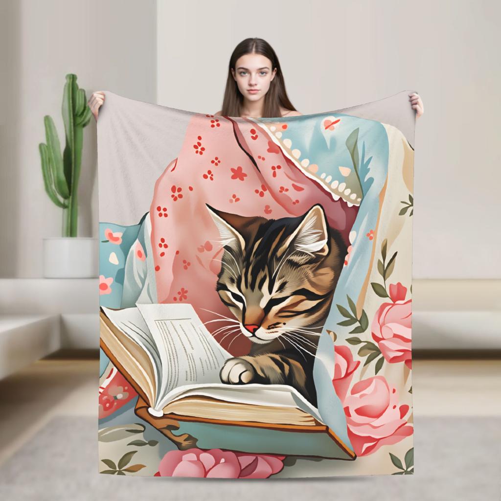 Whimsical Reading Cat Plush Blanket Girls Boys  Flannel Throw Blanket For Living Room Warm Soft Custom Quality Bedspread Gift