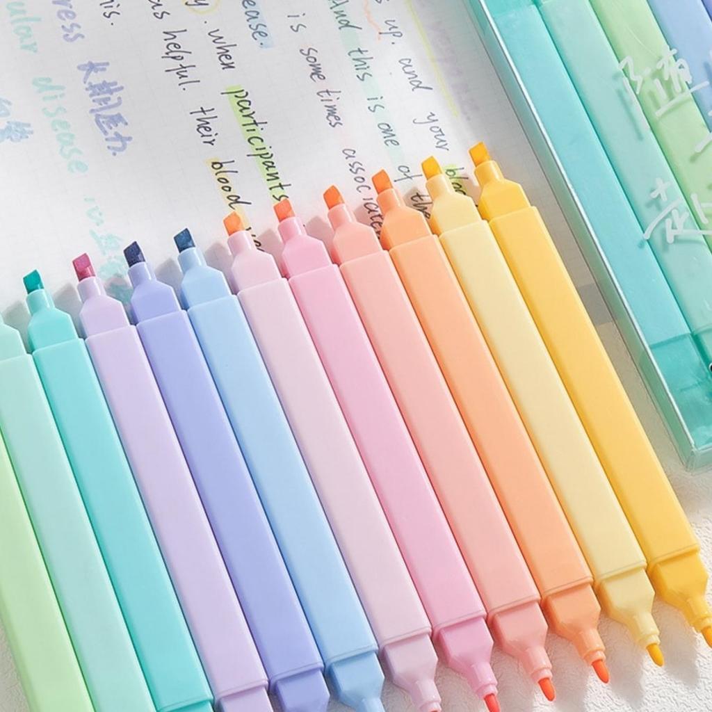 6pcs Dual Tip Highlighter Pens Set Macaron Pastel Colors Chisel Tip Quick Dry Soft Brush Student Drawing Set