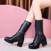Зимние Новые Однотонные Ботинки Женские Модные До середины голени на платформе, с круглым носком, квадратным каблуком и боковой молнией