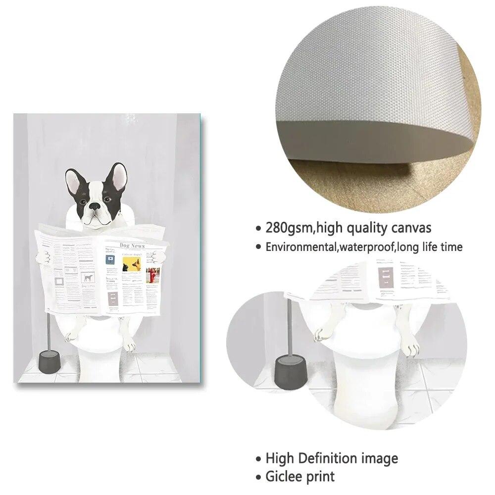 Французский бульдог в туалете, холст, картина, плакат, забавный знак правил ванной комнаты, скандинавская диаграмма, юмор, настенное искусство, домашний декор