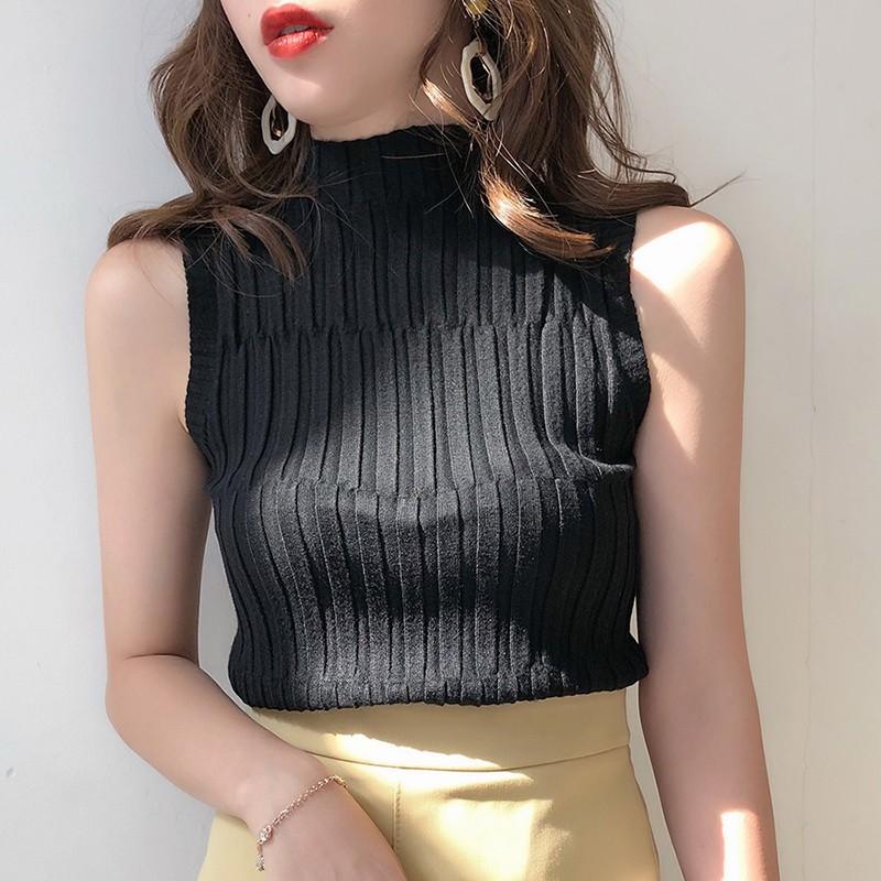 Women Solid Half Turtleneck Slim Knitted T-Shirt