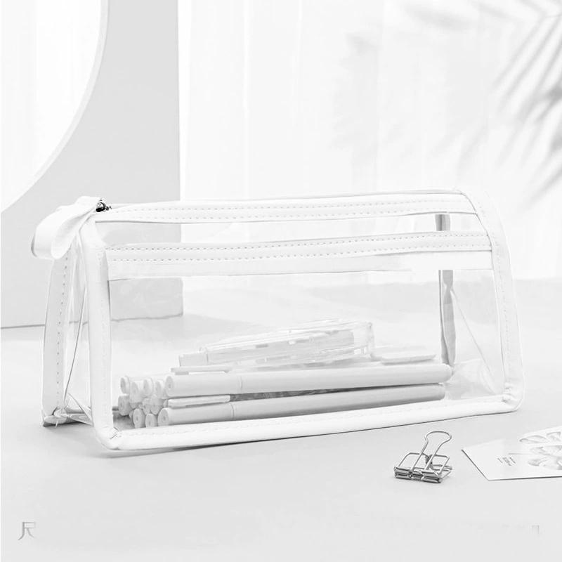 2-layer Transparent Simple Pen Bag Large Capacity Pencil Case Student Cosmetic Stationery Zipper Storage Bag Office School Suppl