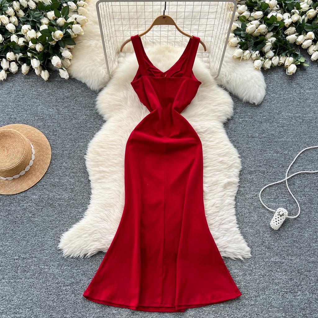 Летние женские V-образный вырез без рукавов бисерные однотонные вечерние платья-русалка с длинным миди-платьем