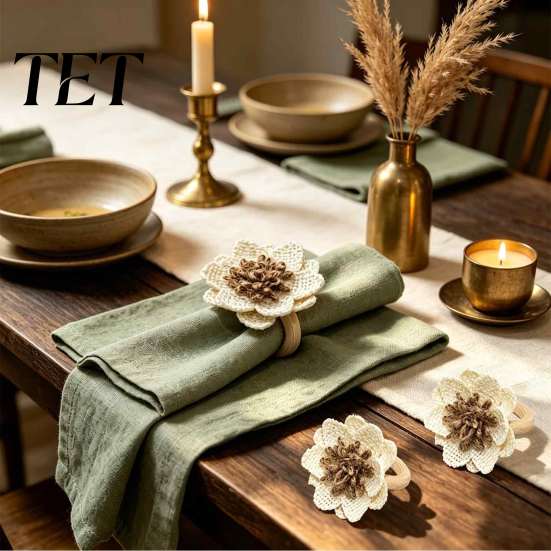 Handmade Linen Flower Rings 6Pcs Napkin Rings, Wooden Ring Rustic Holders, Boho Holders for Dining Tables Farmhouse Wedding Bridal Shower Table Decor