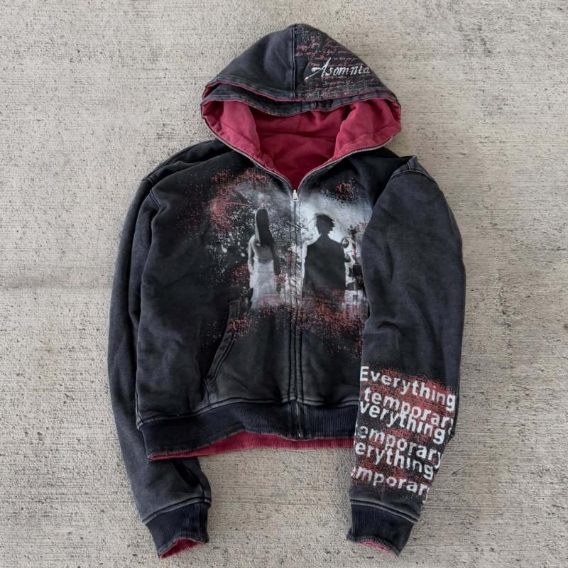 Unisex Gothic Streetwear Hoodie With Dark Portrait Print Zip-Up Reversible Design Winter Casual Sweatshirt