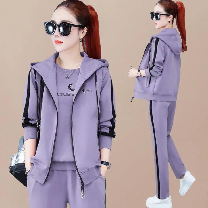 Women's Spring and Autumn Plus Size Round Neck Sweatshirt + Hooded Vest + Casual Trousers Sports Three Piece Set