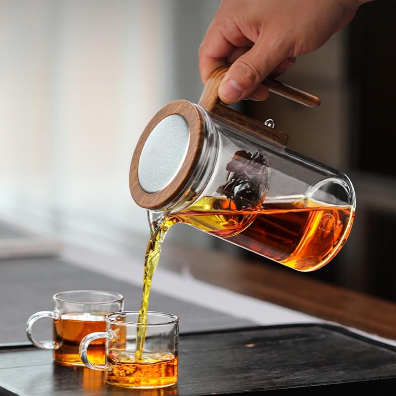 600/800ML Glass Teapot Water Separation Inner Container One Click Magnetic Switch Tea Pot with Wooden Handle Household Teaware