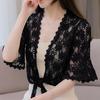 Женский кардиган, пальто с половиной рукавом, кружевная вышивка, шаль с роговыми рукавами, тонкая лоскутная короткая женская рубашка на шнуровке, сплошной цвет