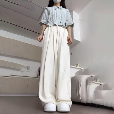 Белые женские брюки в ленивом стиле на весну/лето, драпирующиеся, с высокой посадкой, прямые, стройнящие, повседневные, широкие, длинные