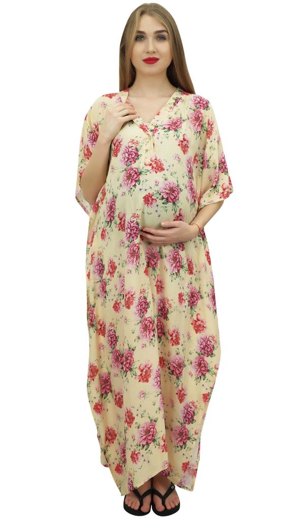 Bimba Moms Cream Printed Kimono Sleeve Kaftan With Belt Maternity Dress-10