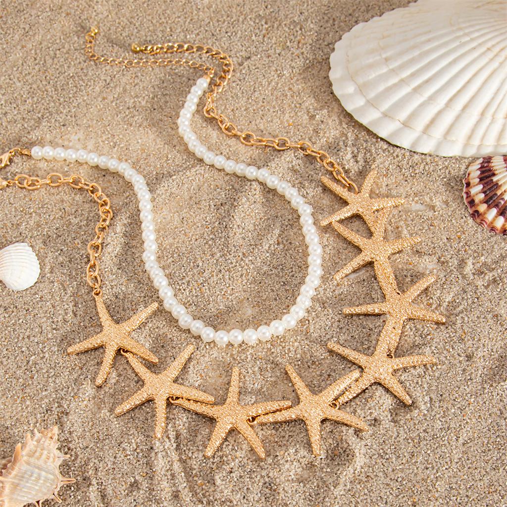Large Starfish Imitation Pearl Choker Necklace for Women Boho Ocean Series Metal Chain Necklace Summer Beach Party Jewelry Gift