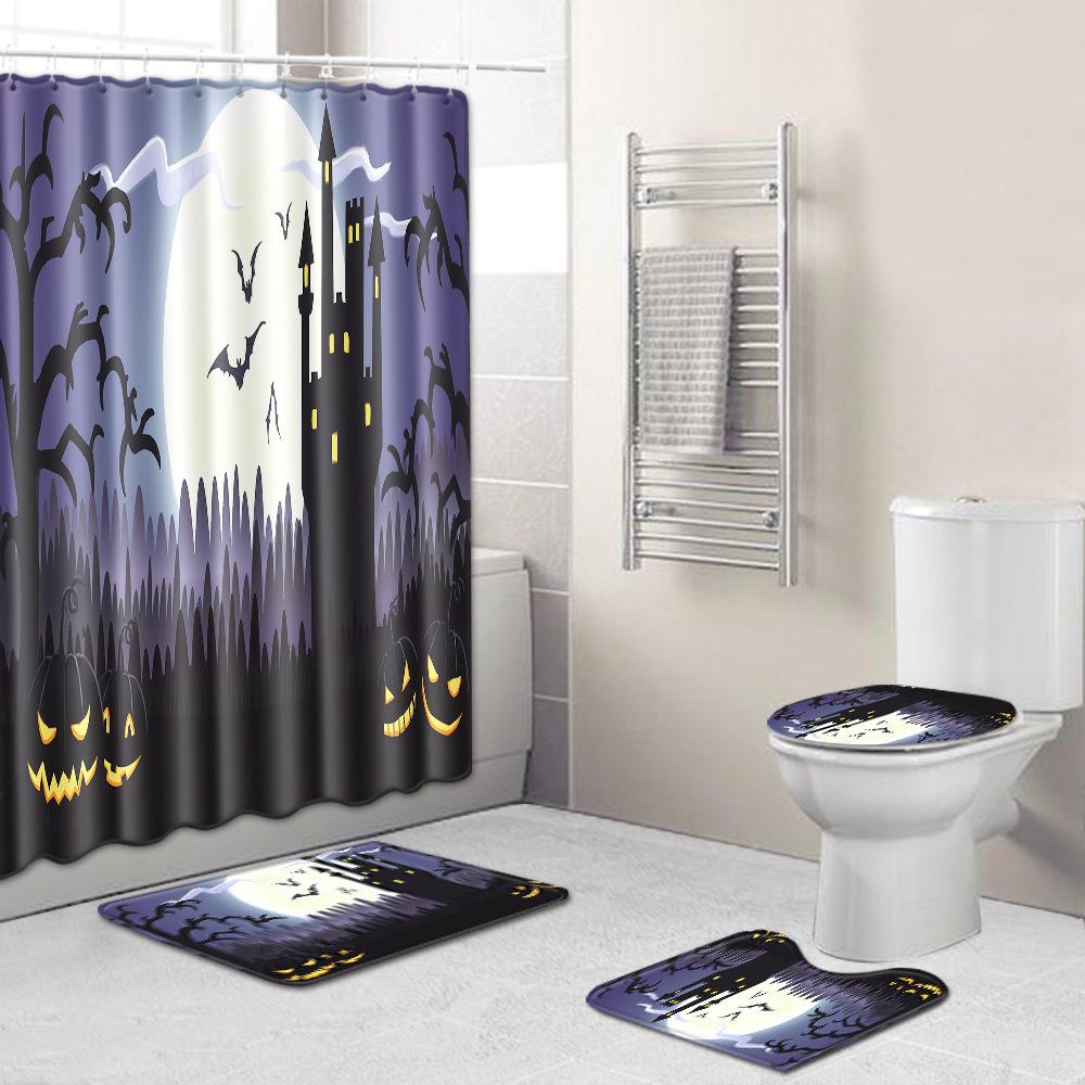 Halloween Shower Curtain Floor Mat Combination Four-Piece Set Bathroom Toilet Carpet Shower Room Foot Mat