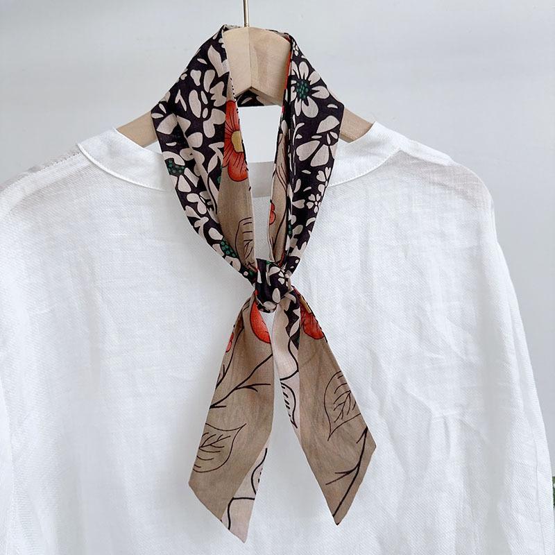 Spring Summer Floral Print Cotton Skinny Scarf Women Soft Neckerchief Hairband Lady Headband Bagscarf Female Neck Ties
