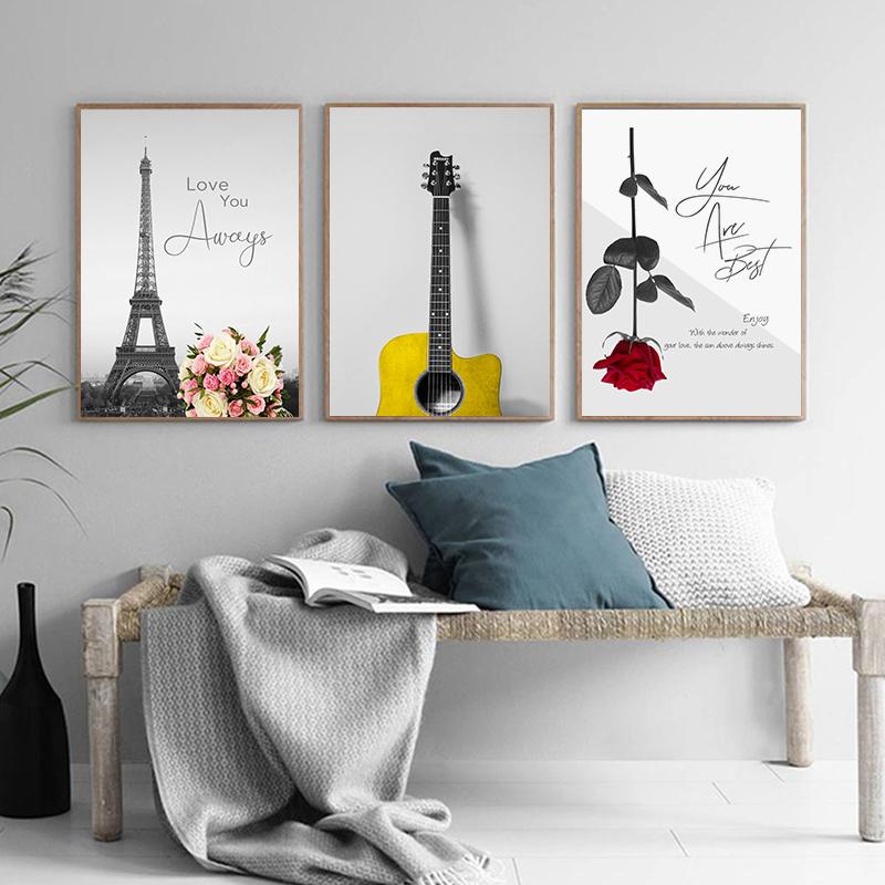 Скандинавский Париж, Эйфелева башня, холст, картина, пейзаж, настенный постер, гитара, розы, цветы, художественный принт, современная гостиная, украшение для дома